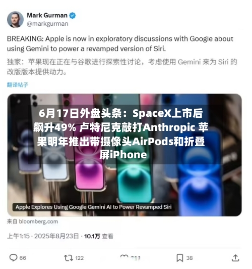 6月17日外盘头条：SpaceX上市后飙升49% 卢特尼克敲打Anthropic 苹果明年推出带摄像头AirPods和折叠屏iPhone-第2张图片